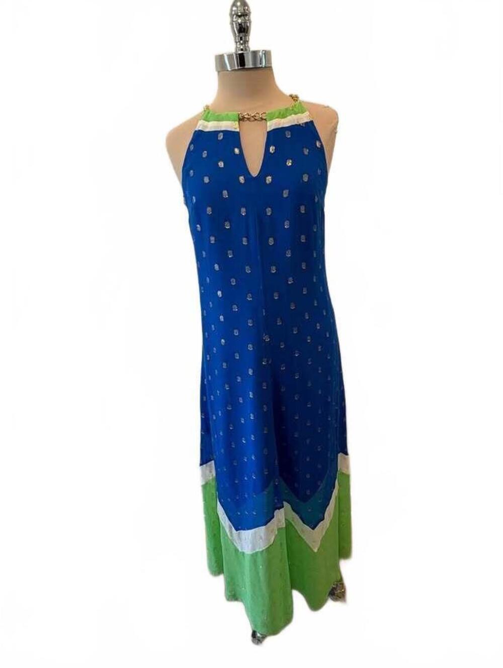 Lilly Pulitzer Blue and Green Gold Foil Dot Halter Maxi Dress